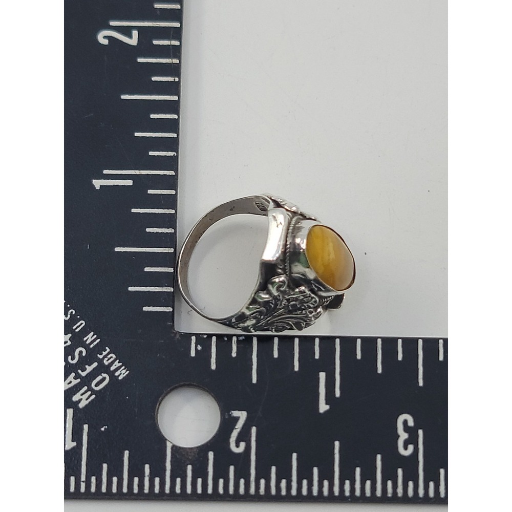Vintage Sterling Silver Egg Yolk Butterscotch Amber Ring Size 9 Estate - Picture 5 of 6